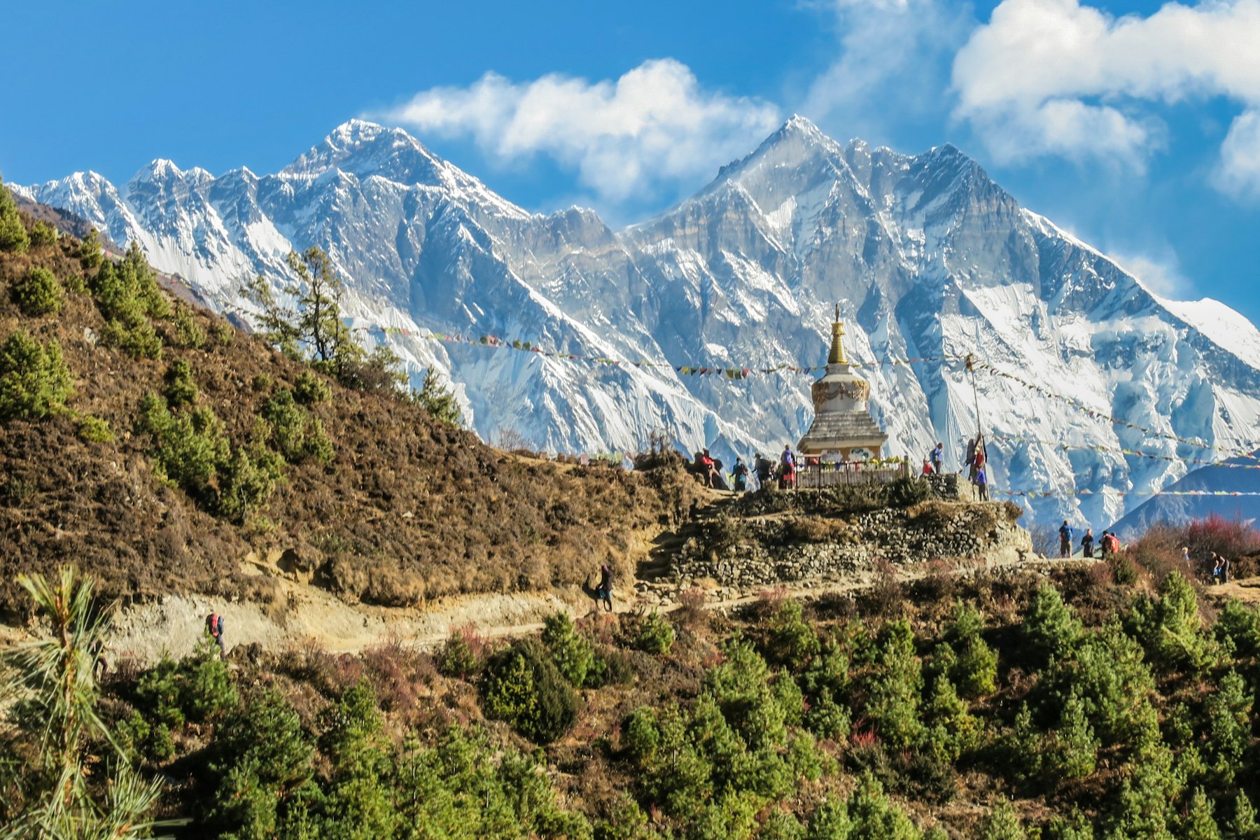 A Himalayan valley with a stupa on a ridge